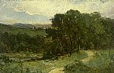 Road Canvas Paintings - landscape with road near stream and trees